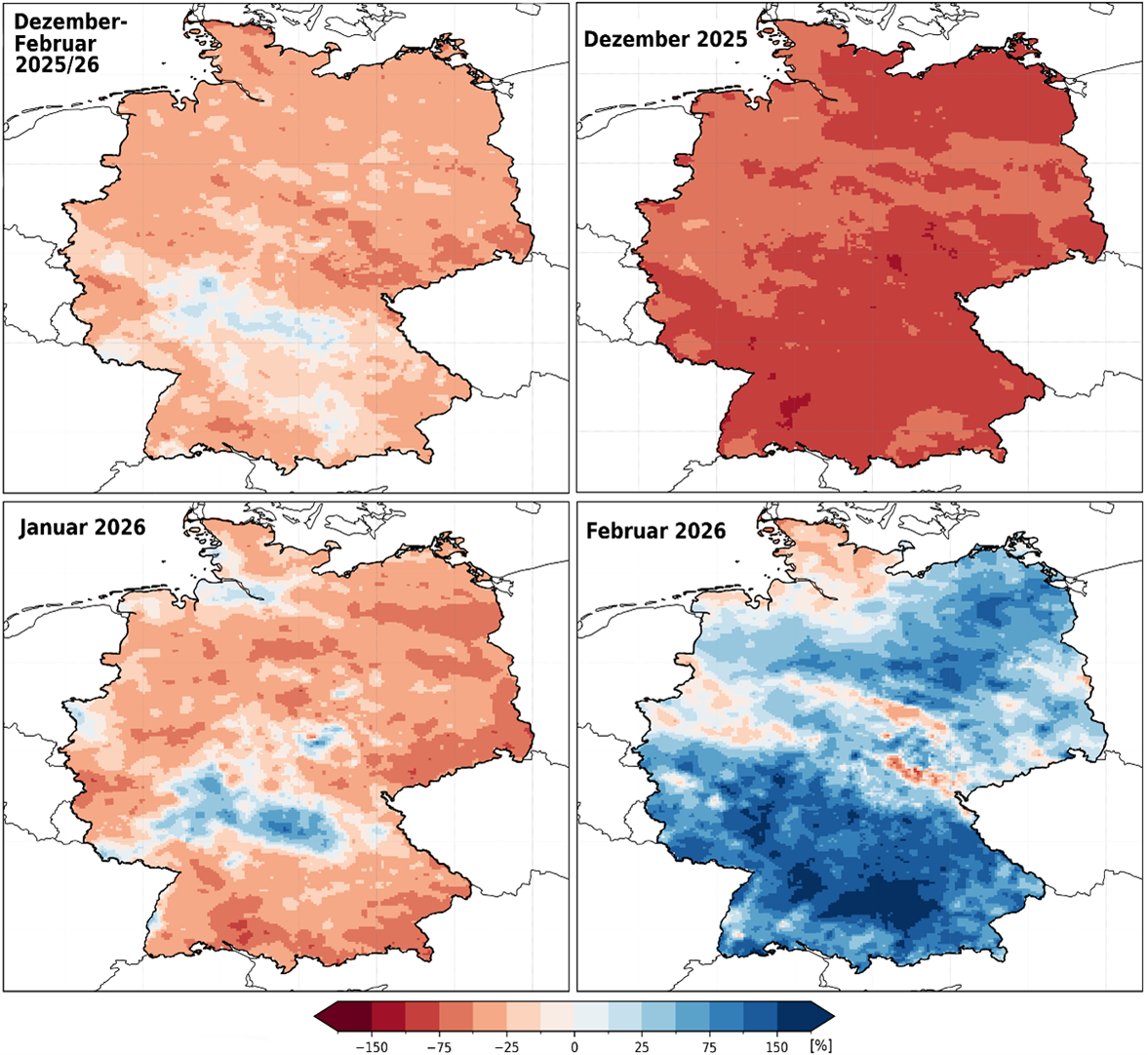 Atmosph&auml;rischen Wasserbilanz relativ zum langj&auml;hrigen Mittel 1991-2020 f&uuml;r den meteorologischen Winter 2025/26. Quelle: UFZ-D&uuml;rremonitor